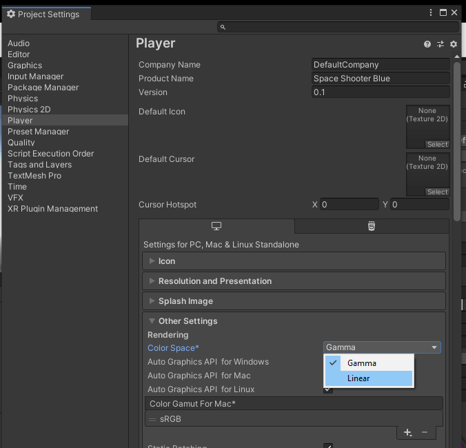 Project Settings — Player — Other Settings — Color Space